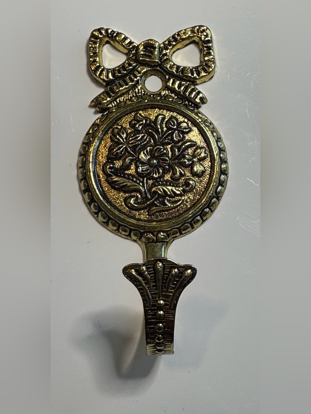 Vintage Brass Bow & Floral Medallion Wall Hook Curtain Tieback